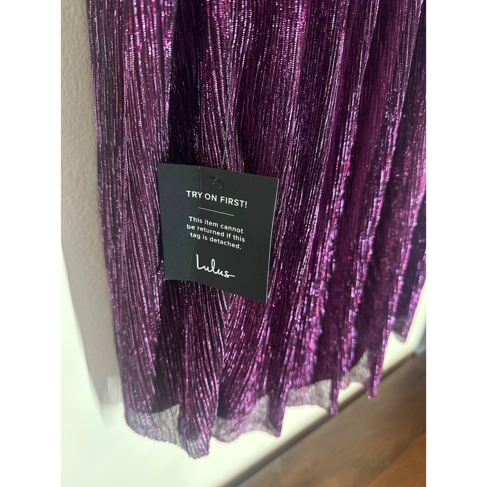 Lulus XL Purple Metallic Pleated Mini Dress NWT Deep V Party Cocktail Dress - Picture 4 of 7